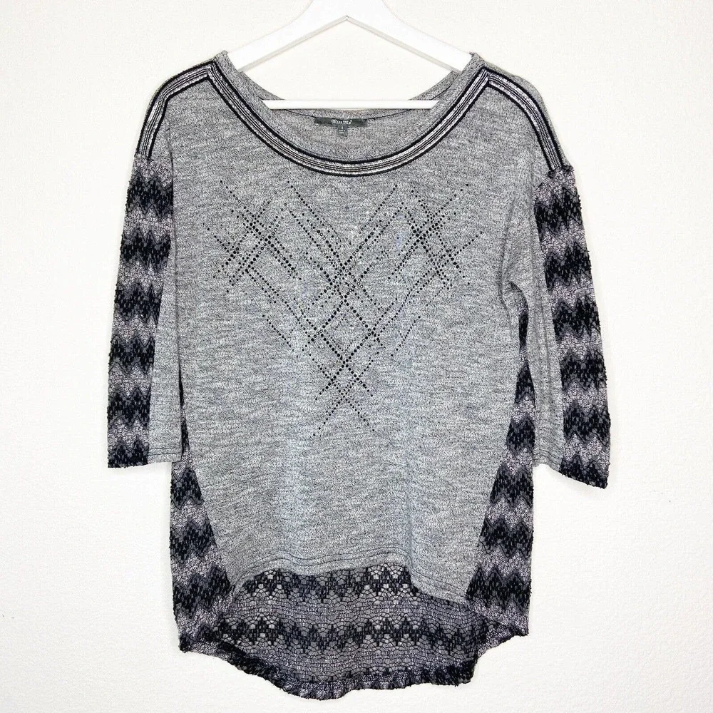 Miss Me Gray Rhinestone Embellished Sequin Beaded Trim Mixed Knit Sweater Sz S